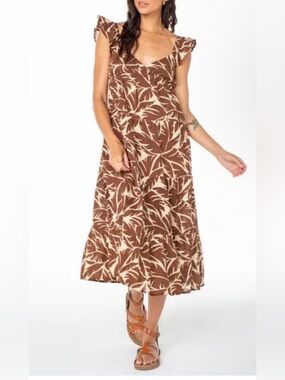 Roxy Tropical Leaf Print Tiered Midi Dress - Size L  Brown/Cream